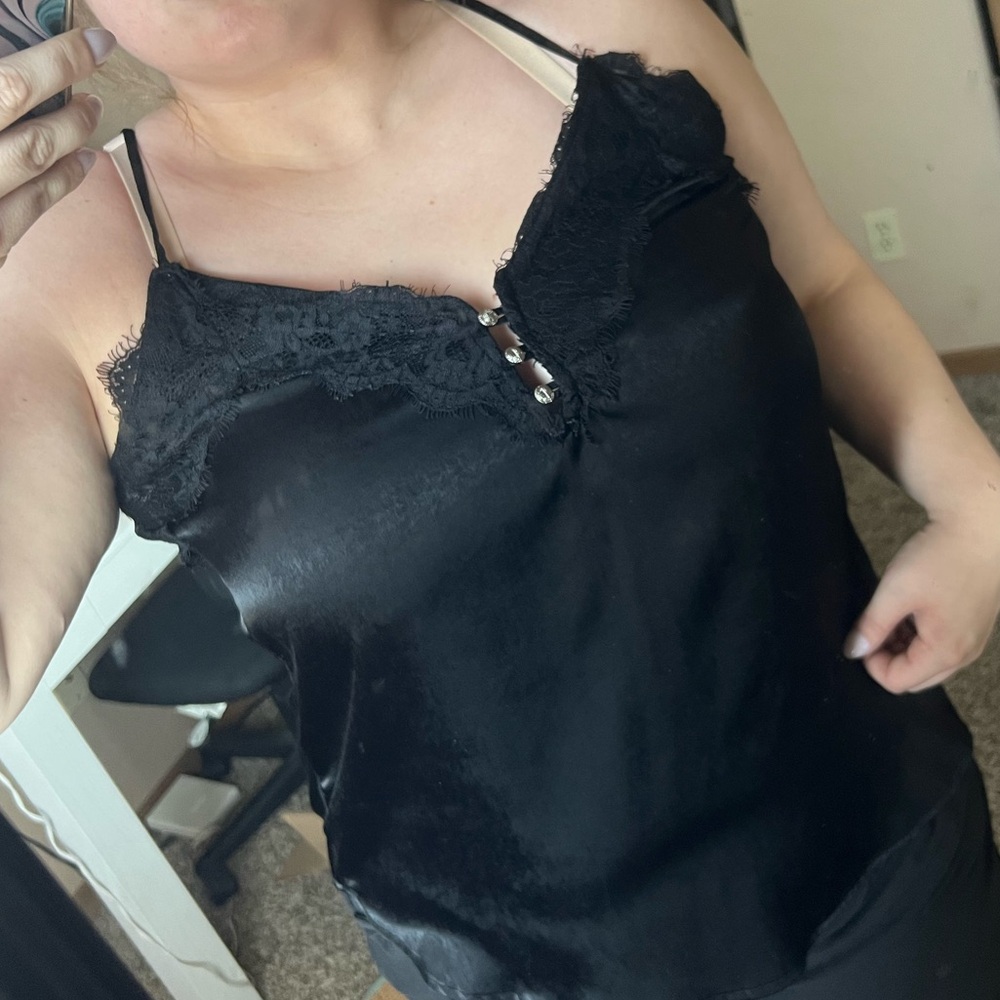 Lace Trim Button Satin Tank Top